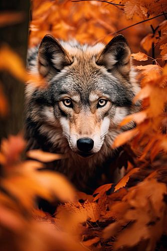 Wolf zwischen Herbstblättern