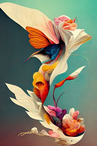surreale Blüten mit Schmetterling und Vogel II