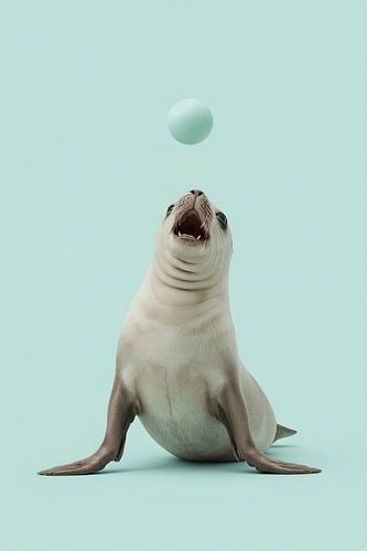 Zeehond die naar blauwe bal op lichtblauwe achtergrond kijkt