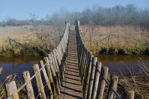 Hangbrug in een mistig landschap
