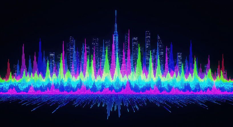 Stadtsilhouette mit mehrfarbiger Soundwave-Visualisierung von Markus Gann