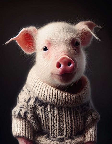 Portret van een big in warme wollen trui van Vlindertuin-Art