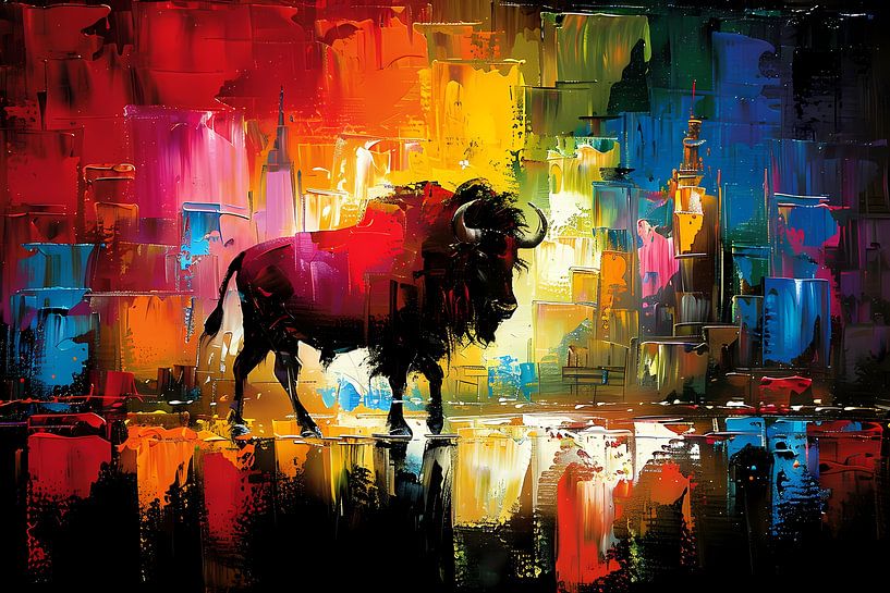 Abstract painting of bison in colourful city by Art & Soul Creations