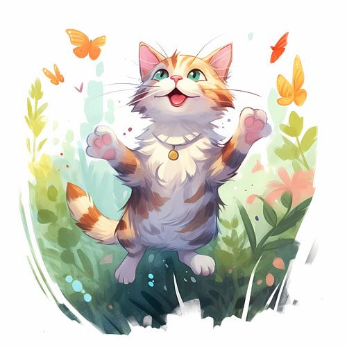 Chat mignon jouant avec des papillons