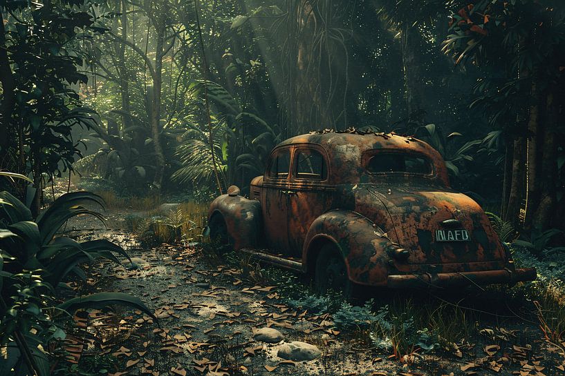 Voiture rouillée envahie par la jungle par Art & Soul Creations