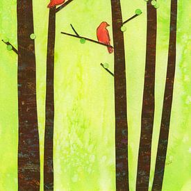 Birds in a spring forest Paper collage by Karen Kaspar