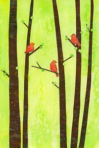 Vögel in einem Frühlingswald Papiercollage