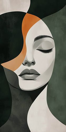 Portrait féminin stylisé dans des tons profonds de vert et d'orange