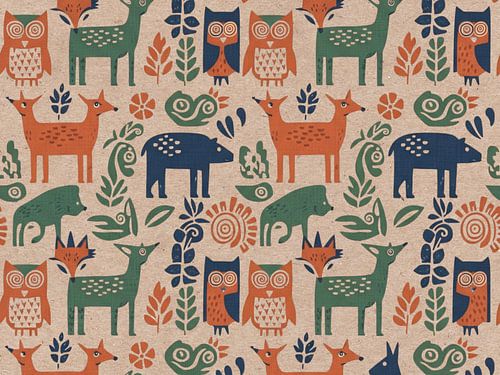 Folk Art Woodland Animals Nahtloses Muster - Rustikaler Dekorativer Stil