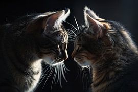 Two cats in dark surroundings look at each other by Art & Soul Creations