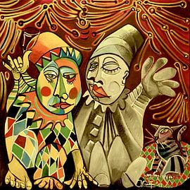 Clowns, Harlequin en Pierrot and the friendly cat van Jeroen Quirijns