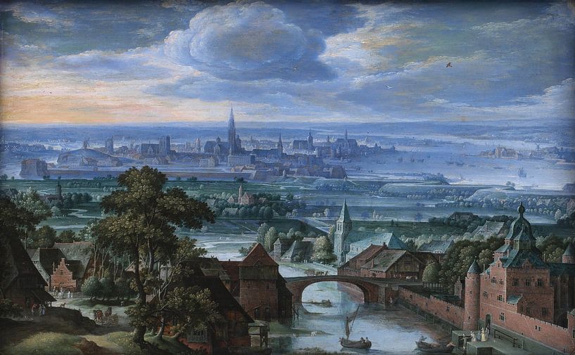 Landschaft mit einer Ansicht von Antwerpen, Hans Bol von Meisterhafte Meister