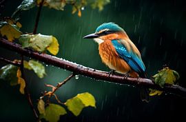 Kingfisher on branch in the rain