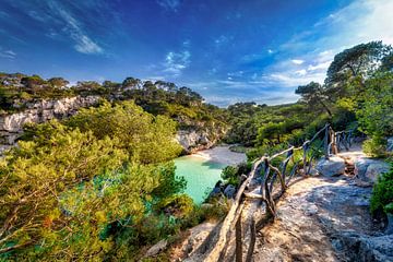 Lonely bathing bay in the beautiful sunlight on the island of Menorca.