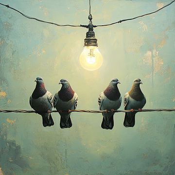 Sfeervolle scène met duiven en een lamp van Vlindertuin-Art