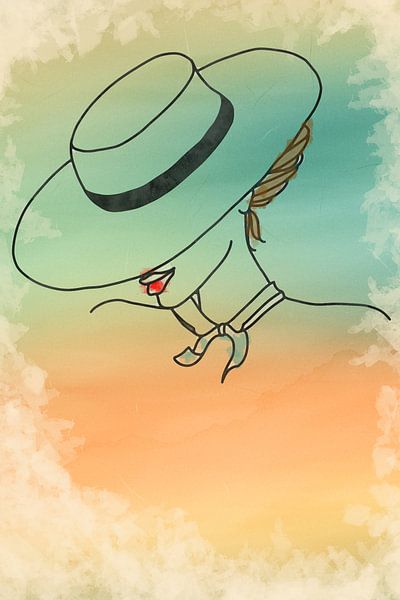 Dessin au trait et aquarelle d'une femme au chapeau par Arjen Roos