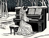 Kerstengel achter de piano in de sneeuw van Woodblock en Poster thumbnail