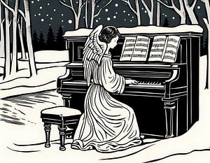 Ange de Noël derrière le piano dans la neige