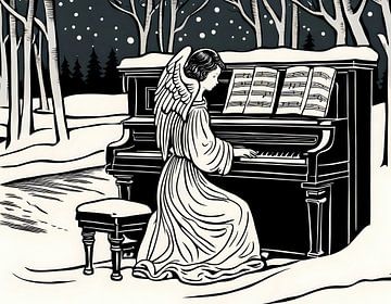Kerstengel achter de piano in de sneeuw