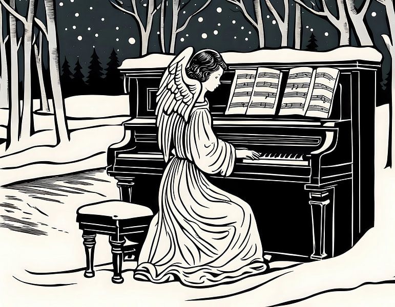 Kerstengel achter de piano in de sneeuw van Woodblock en Poster