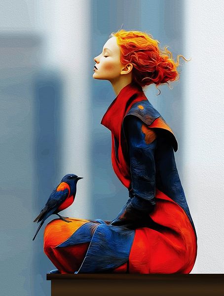 Surreale Frau und Vogel Wandkunst - Elegantes rotes Haar Fantasy-Portrait von Ramy Salah Hefny