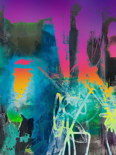 Modern, Abstract Digitaal Kunstwerk in Roze Blauw Groen