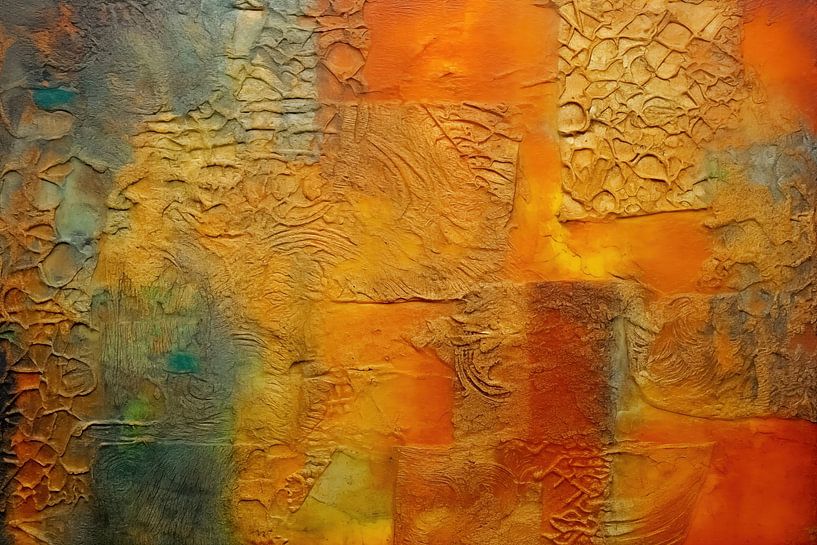 Abstrakte Malerei in Herbstfarben, Rot, Orange, Gelb, Grün, Teal, Hellblau, Beige von Joriali Abstrakte Kunst