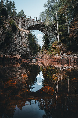 Nature suédoise - Tirage photo vertical représentant l'ancien pont en arc en pierre situé dans les bois près de Brattfallet