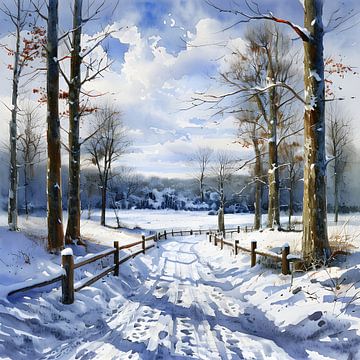 Rustig winterlandschap met besneeuwd pad. van Ljupka Kareska
