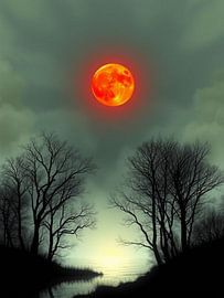 A Mystical Moonlit Night Over Still Waters and Barren Trees by Artistic