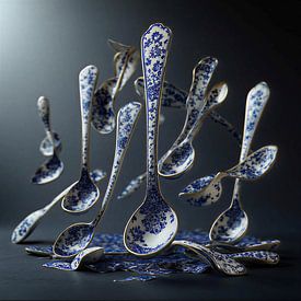 A still life of dancing spoons dynamic art modern delft blue. by J.a Dijkstra