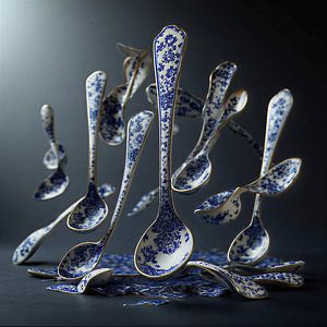 Ein Stillleben von tanzenden Löffeln dynamischer Art Modern Delft Blau.