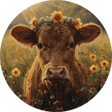 Koeienportret met zonnebloemkrans voor rustieke gezelligheid van Felix Brönnimann