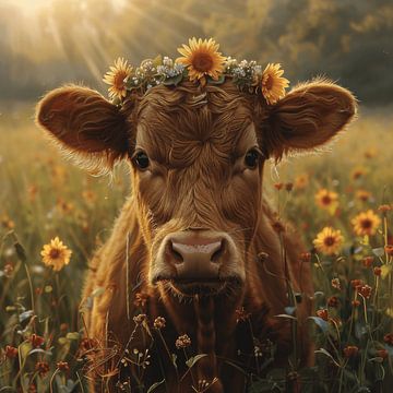 Portrait de vache avec couronne de tournesols pour un confort rustique sur Felix Brönnimann