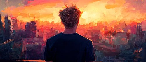 Zicht op de zonsondergang boven de stad