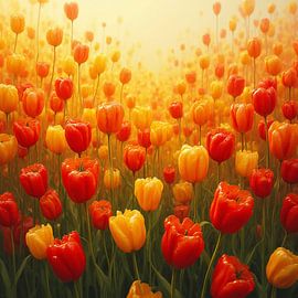 Sunny Tulip Field in Orange and Yellow by Kleurenrijk