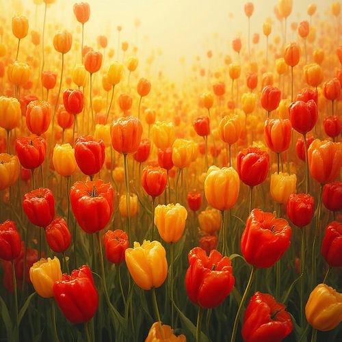 Zonnig Tulpenveld in Oranje en Gele paprika’s