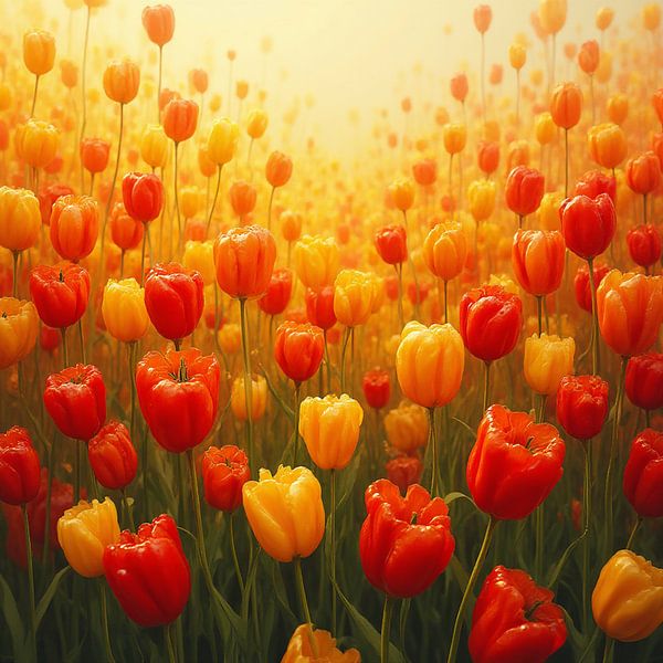 Zonnig Tulpenveld in Oranje en Gele paprika’s van Kleurenrijk