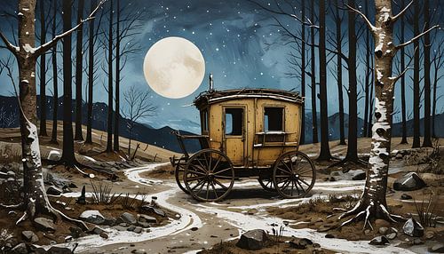 Woonwagen bij maanlicht in het bos