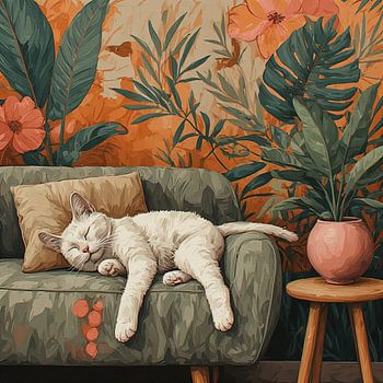 A white cat relaxing comfortably on the sofa in a vintage jungle style.