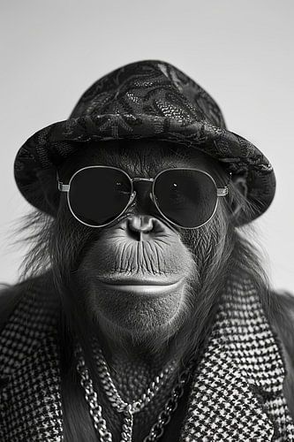 Portret van een orang-oetan met zonnebril en hoed