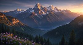 Gebirgslandschaft mit See, Wald und Wildblumen von Markus Gann