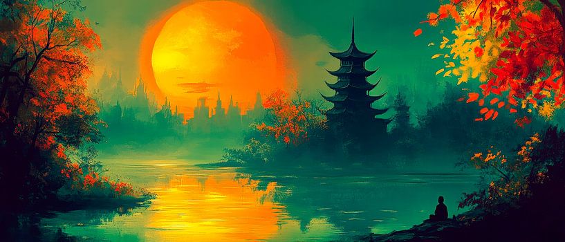 Zonsondergang bij de tempel - Mystiek van Poster Art Shop