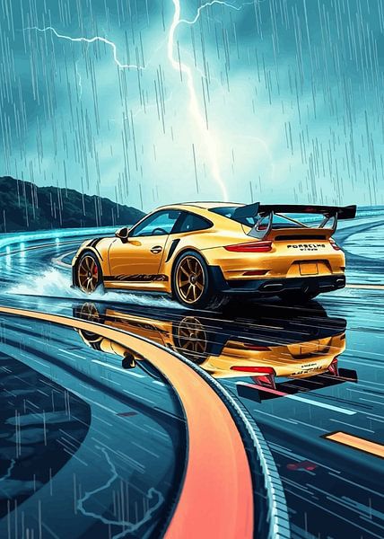 Golden Yellow Porsche 911 GT3 RS – Speeding on Rainy Circuit, Wet, Lightning by MIROKKU
