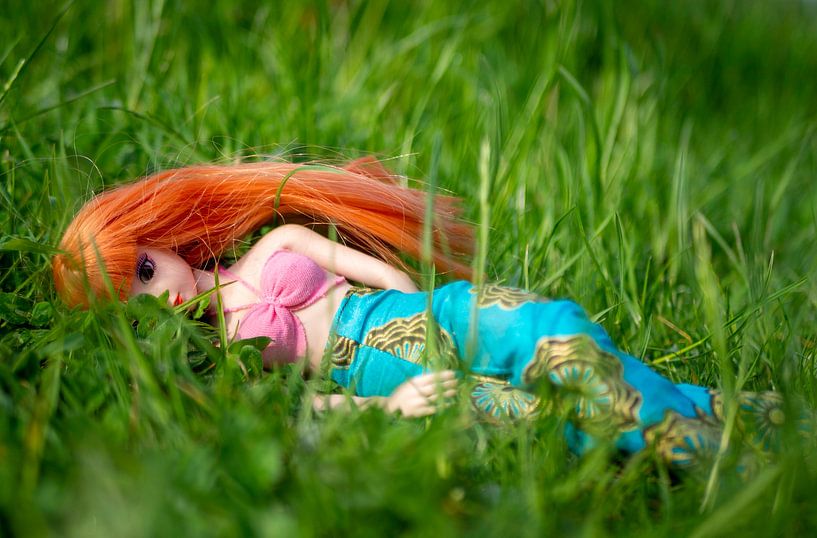 Pop met rood haar in het gras van Margreet van Tricht