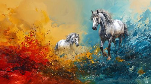 Paarden in een spetterende waterverf duo kleur omgeving.