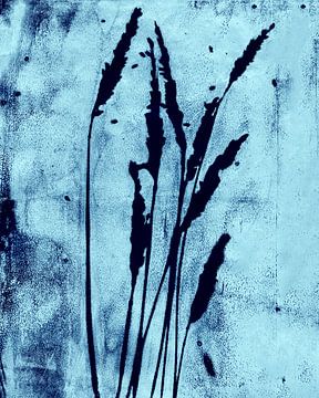 Grassprieten in donkerblauw op wit. Botanische monoprint van Dina Dankers
