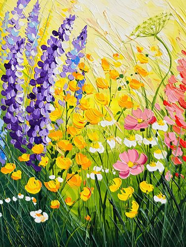 Levendig olieverfschilderij met bloemenweide in impasto-stijl