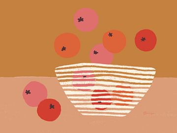 Bowl with oranges and apples - Colourful illustration in ochre yellow, pink, red and orange by Anna Benge