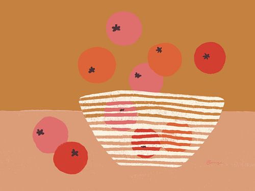 Schale mit Orangen und Äpfeln - Bunte Illustration in Ockergelb, Rosa, Rot und Orange von Anna Benge